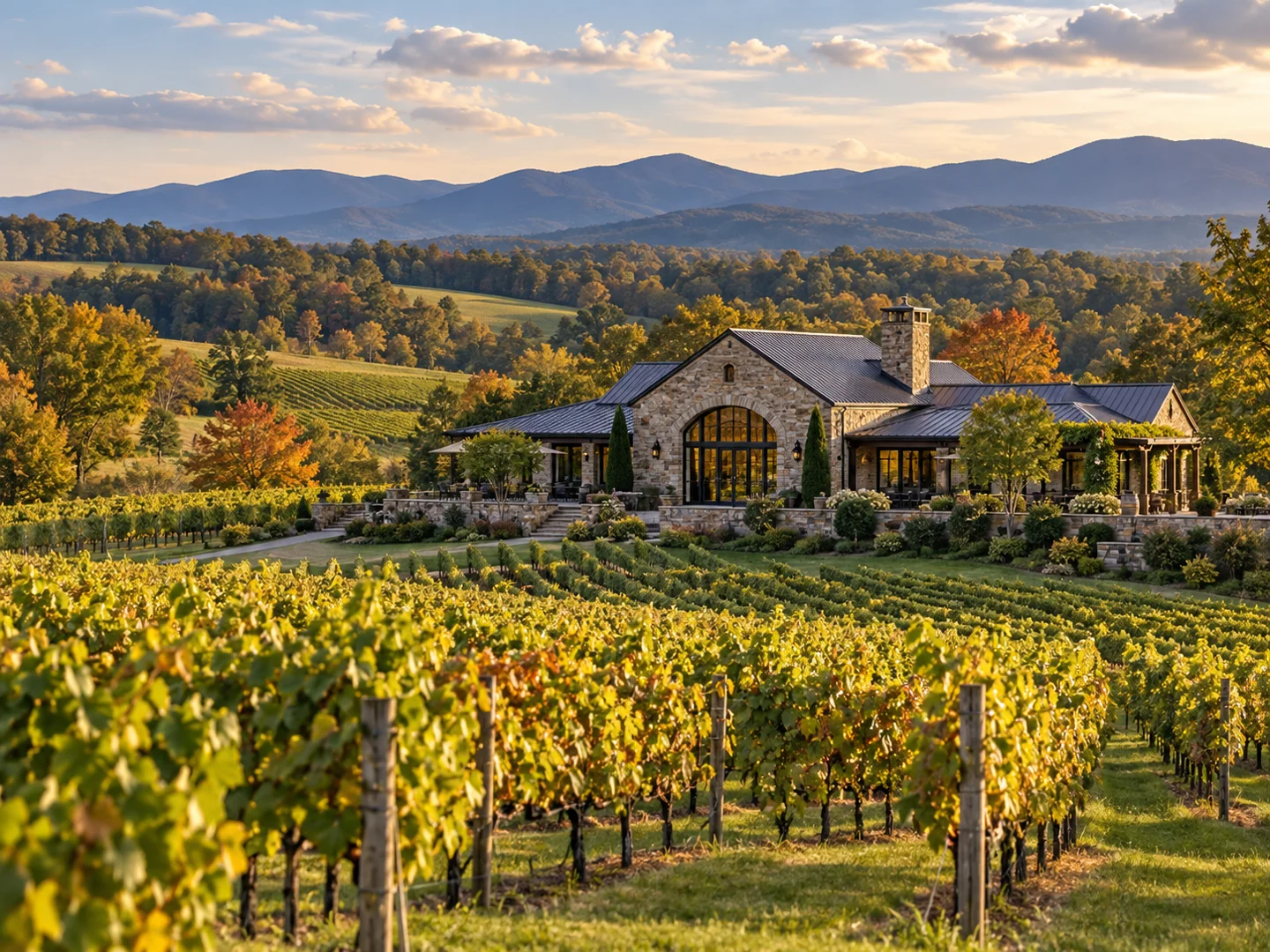 Illustration of a Virginia-style winery and vineyard in autumn, with a stone tasting house and mountain views